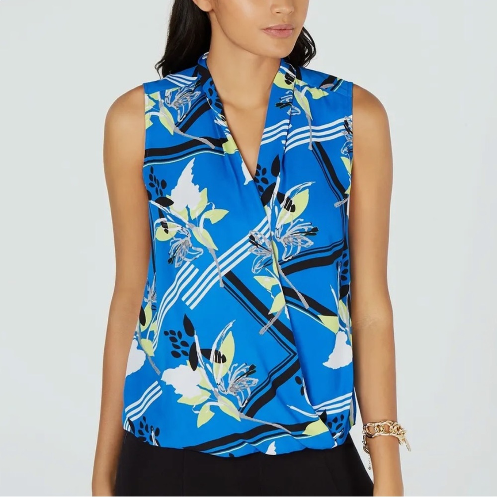 Alfani Blue Floral Print Surplice Sleeveless Blouse Size XL
